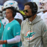 Sep 7, 2025; Indianapolis, Indiana, USA; Miami Dolphins head coach Mike McDaniel during the first half against the Indianapolis Colts at Lucas Oil Stadium. Mandatory Credit: Trevor Ruszkowski-Imagn Images