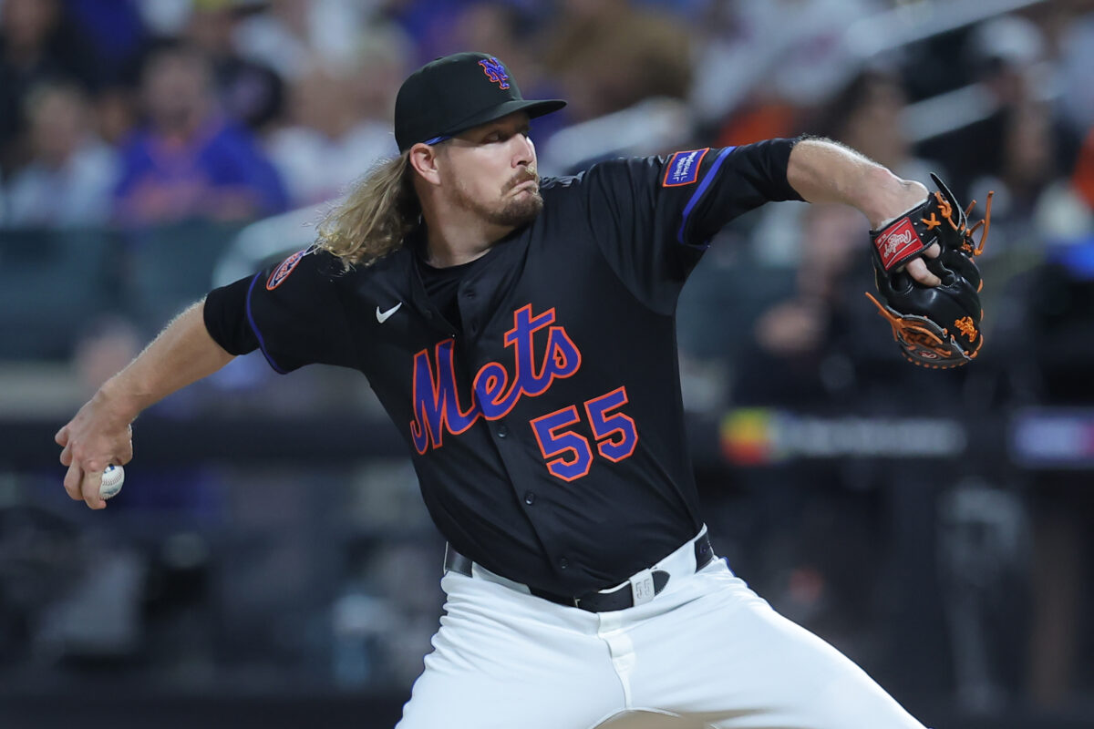 Sep 12, 2025; New York City, New York, USA; New York Mets relief pitcher Ryne Stanek (55) pitches against the Texas Rangers during the fifth inning at Citi Field. Mandatory Credit: Brad Penner-Imagn Images