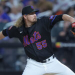 Sep 12, 2025; New York City, New York, USA; New York Mets relief pitcher Ryne Stanek (55) pitches against the Texas Rangers during the fifth inning at Citi Field. Mandatory Credit: Brad Penner-Imagn Images