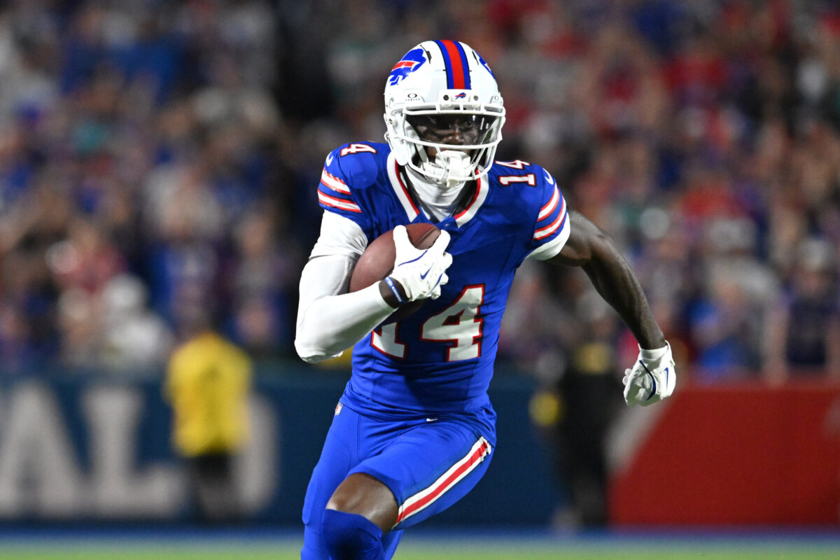 Sep 18, 2025; Orchard Park, New York, USA; Buffalo Bills wide receiver Tyrell Shavers (14) runs against the Miami Dolphins in the first half at Highmark Stadium. Mandatory Credit: Mark Konezny-Imagn Images