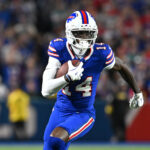 Sep 18, 2025; Orchard Park, New York, USA; Buffalo Bills wide receiver Tyrell Shavers (14) runs against the Miami Dolphins in the first half at Highmark Stadium. Mandatory Credit: Mark Konezny-Imagn Images