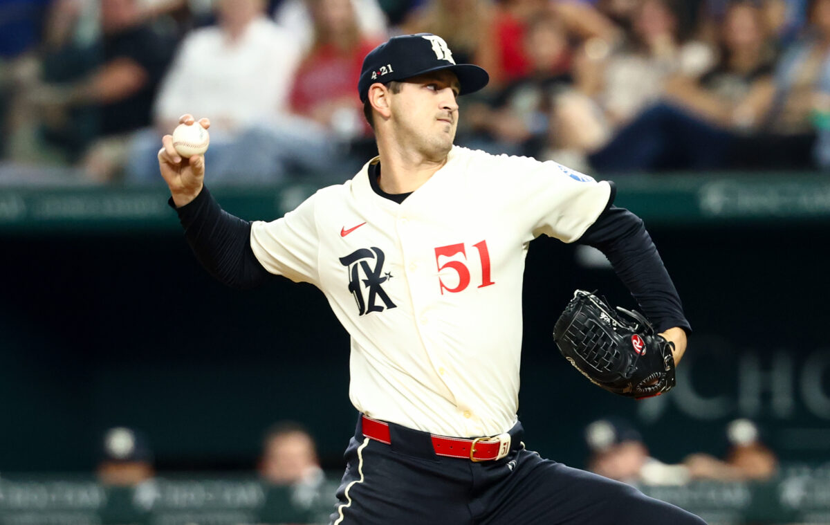 Sep 19, 2025; Arlington, Texas, USA; Texas Rangers starting pitcher Tyler Mahle (51) throws during the first inning against the Miami Marlins at Globe Life Field. Mandatory Credit: Kevin Jairaj-Imagn Images