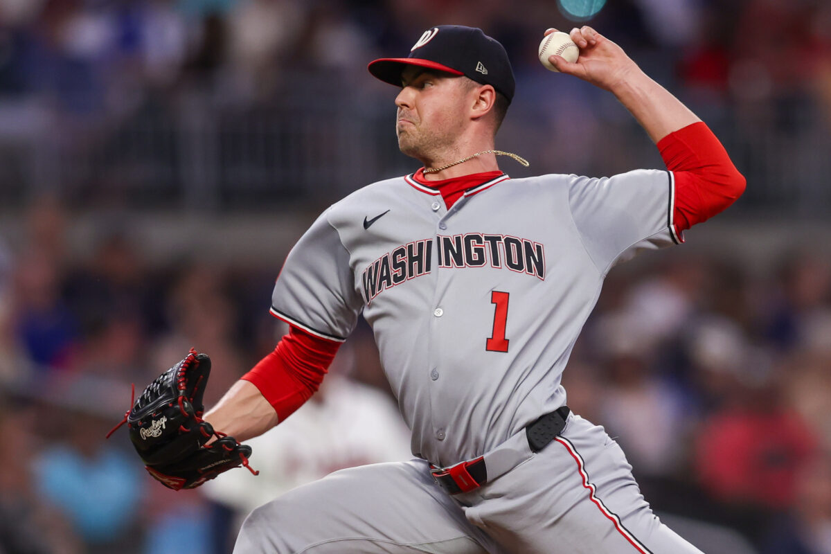 Yankees Sep 22, 2025; Atlanta, Georgia, USA; Washington Nationals starting pitcher MacKenzie Gore (1) throws against the Atlanta Braves in the second inning at Truist Park. Mandatory Credit: Brett Davis-Imagn Images