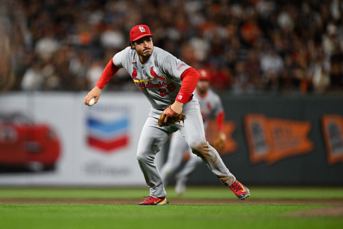 Sep 23, 2025; San Francisco, California, USA; St. Louis Cardinals third baseman Nolan Arenado (28) throws to first base for an out against the San Francisco Giants during the fourth inning at Oracle Park. Mandatory Credit: Eakin Howard-Imagn Images