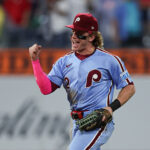Sep 25, 2025; Philadelphia, Pennsylvania, USA; Philadelphia Phillies outfielder Harrison Bader (2) reacts as he runs off the field after a victory against the Miami Marlins at Citizens Bank Park. Mandatory Credit: Bill Streicher-Imagn Images
