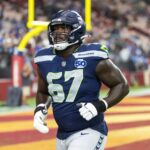 Sep 25, 2025; Glendale, Arizona, USA; Seattle Seahawks tackle Charles Cross (67) against the Arizona Cardinals at State Farm Stadium. Mandatory Credit: Mark J. Rebilas-Imagn Images