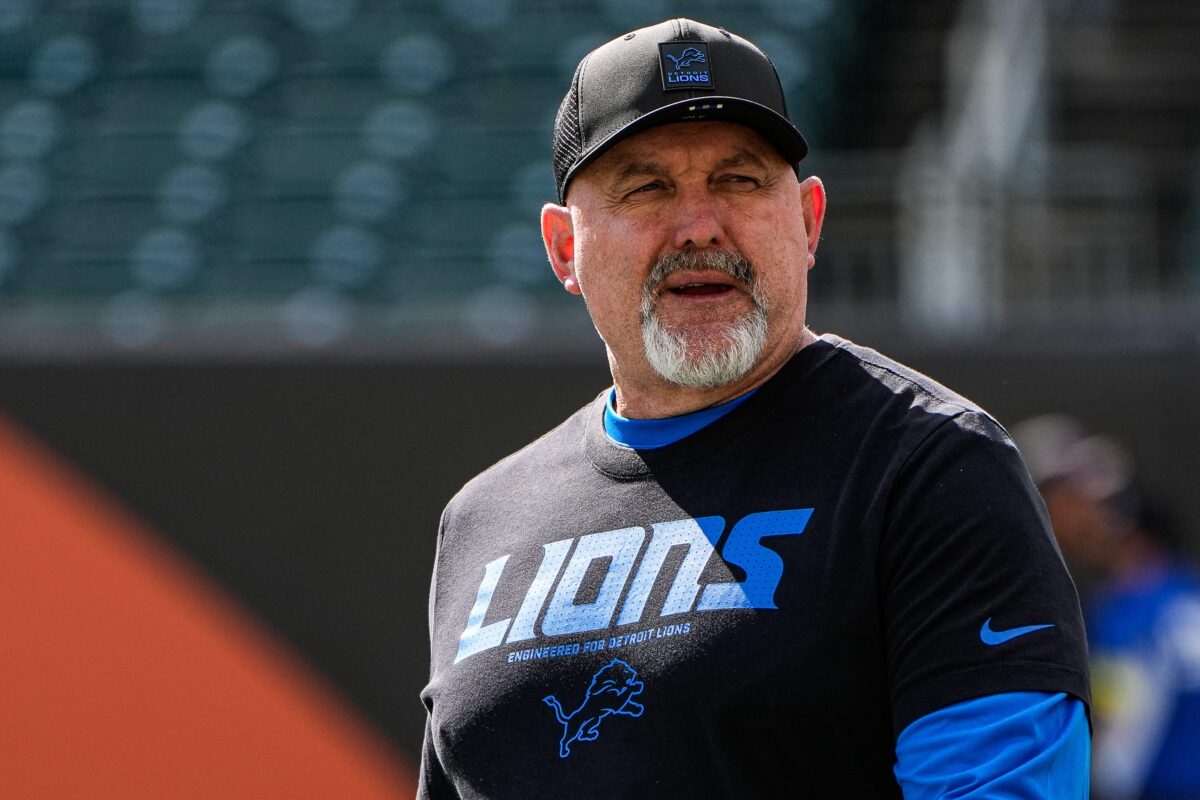 Detroit Lions offensive coordinator John Morton walks on the field for warmup ahead of Cincinnati Bengals game at Paycor Stadium in Cincinnati on Sunday, Oct. 5, 2025.