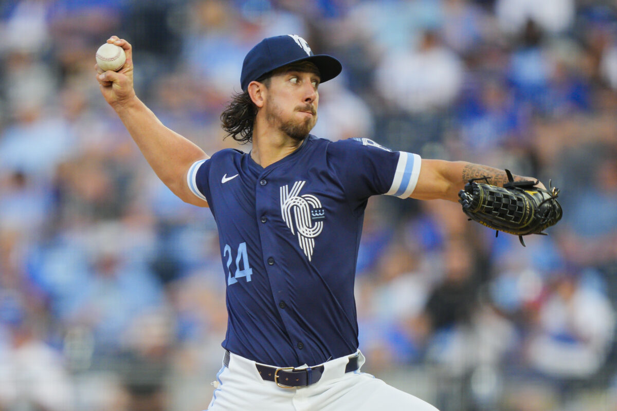 Sep 19, 2025; Kansas City, Missouri, USA; Kansas City Royals pitcher Michael Lorenzen (24) pitches during the first inning against the Toronto Blue Jays at Kauffman Stadium. Mandatory Credit: Jay Biggerstaff-Imagn Images