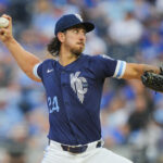 Sep 19, 2025; Kansas City, Missouri, USA; Kansas City Royals pitcher Michael Lorenzen (24) pitches during the first inning against the Toronto Blue Jays at Kauffman Stadium. Mandatory Credit: Jay Biggerstaff-Imagn Images