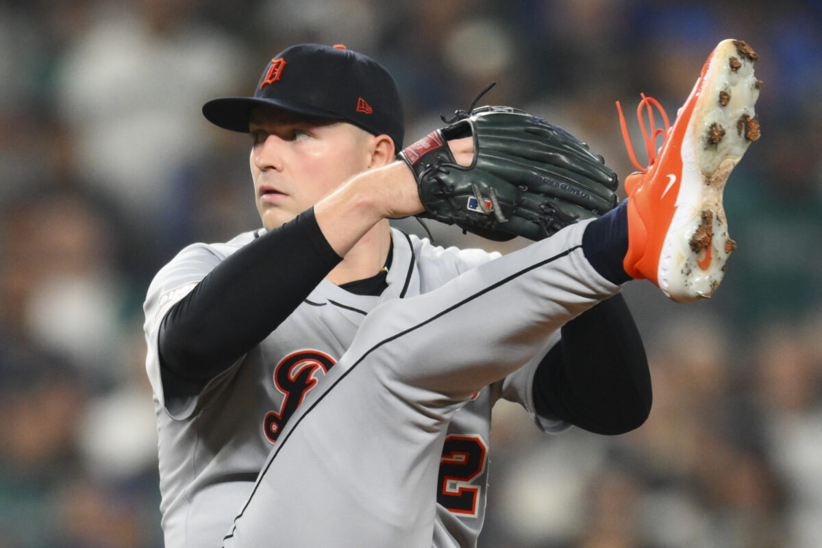 Oct 10, 2025; Seattle, Washington, USA; (Editors note: Alternate crop) Detroit Tigers starting pitcher Tarik Skubal (29) throws against the Seattle Mariners during the third inning during game five of the ALDS round for the 2025 MLB playoffs at T-Mobile Park. Mandatory Credit: Steven Bisig-Imagn Images