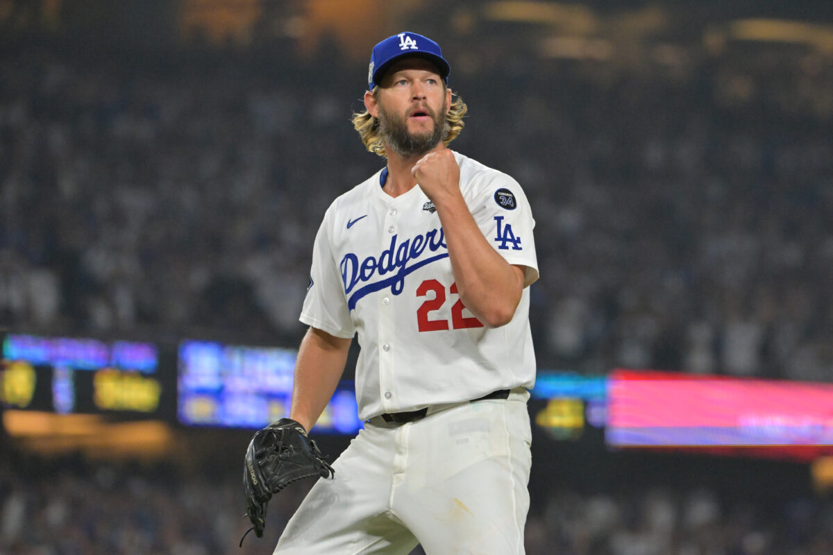 Oct 27, 2025; Los Angeles, California, USA; Los Angeles Dodgers pitcher Clayton Kershaw (22) reacts in the twelfth inning against the Toronto Blue Jays during game three of the 2025 MLB World Series at Dodger Stadium. Mandatory Credit: Jayne Kamin-Oncea-Imagn Images