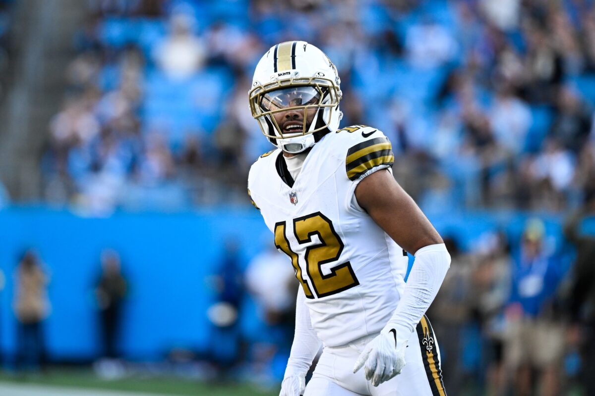 Nov 9, 2025; Charlotte, North Carolina, USA; New Orleans Saints wide receiver Chris Olave (12) looks on during the fourth quarter against the Carolina Panthers at Bank of America Stadium. Mandatory Credit: Bob Donnan-Imagn Images