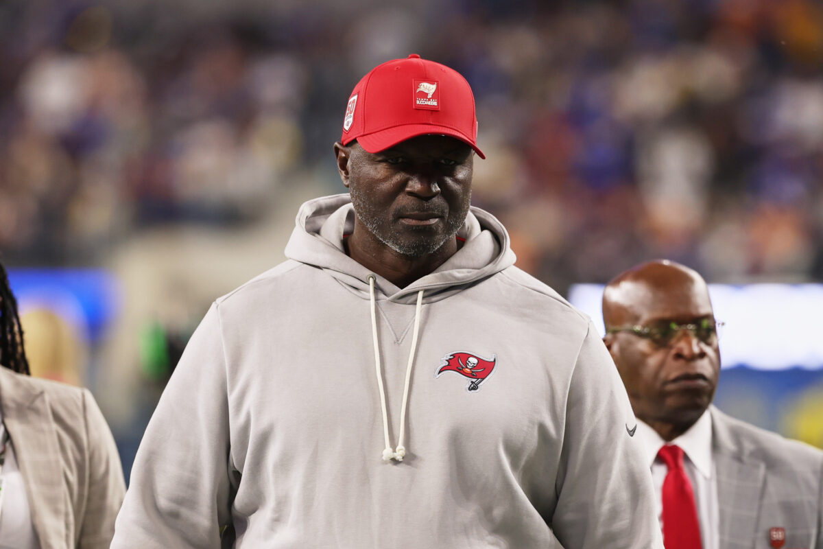 Nov 23, 2025; Inglewood, California, USA; Tampa Bay Buccaneers head coach and defensive coordinator Todd Bowles walks off the field during halftime against the Los Angeles Rams at SoFi Stadium. Mandatory Credit: Kiyoshi Mio-Imagn Images