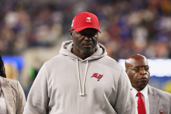 Nov 23, 2025; Inglewood, California, USA; Tampa Bay Buccaneers head coach and defensive coordinator Todd Bowles walks off the field during halftime against the Los Angeles Rams at SoFi Stadium. Mandatory Credit: Kiyoshi Mio-Imagn Images