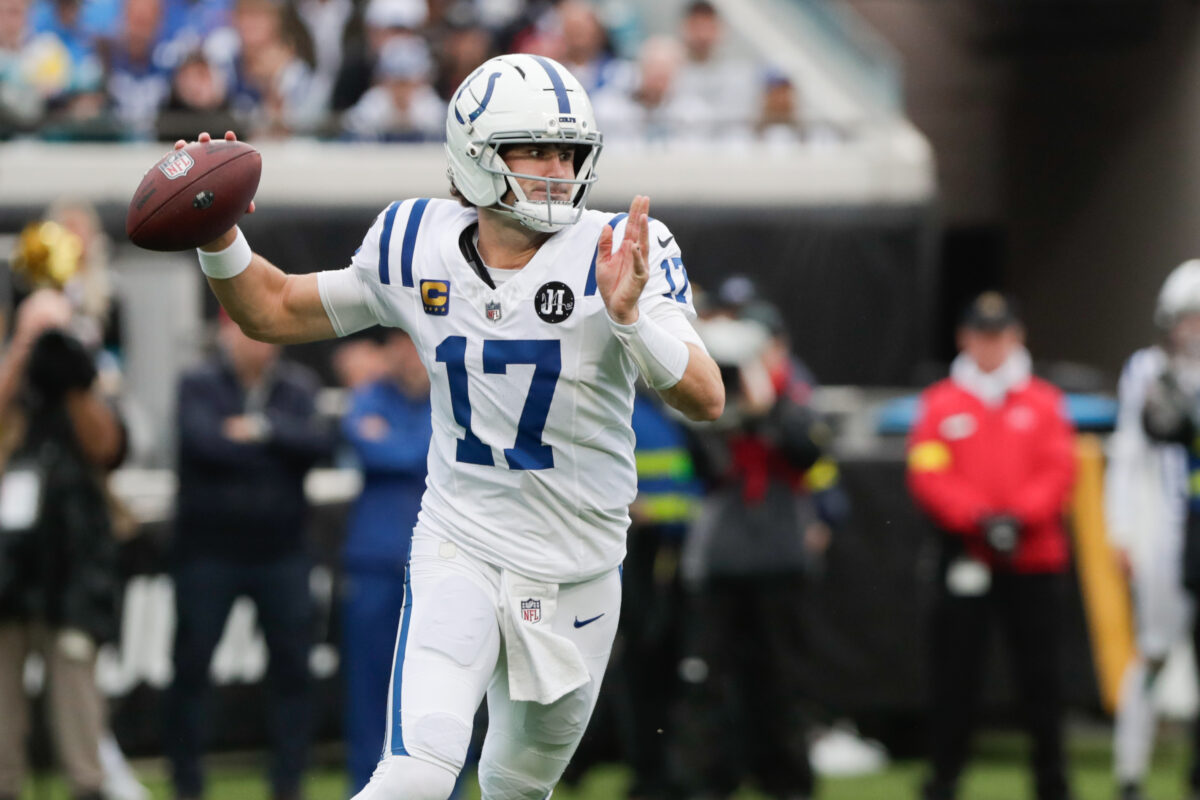 Dec 7, 2025; Jacksonville, Florida, USA; Indianapolis Colts quarterback Daniel Jones (17) looks to throw downfield against the Jacksonville Jaguars during the first half at EverBank Stadium. Mandatory Credit: Travis Register-Imagn Images