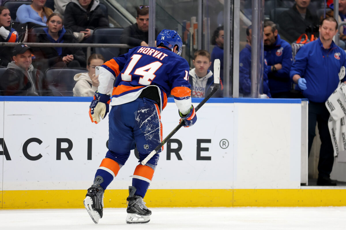 Dec 11, 2025; Elmont, New York, USA; New York Islanders center Bo Horvat (14) skates off the ice after a lower body injury during the second period against the Anaheim Ducks at UBS Arena.