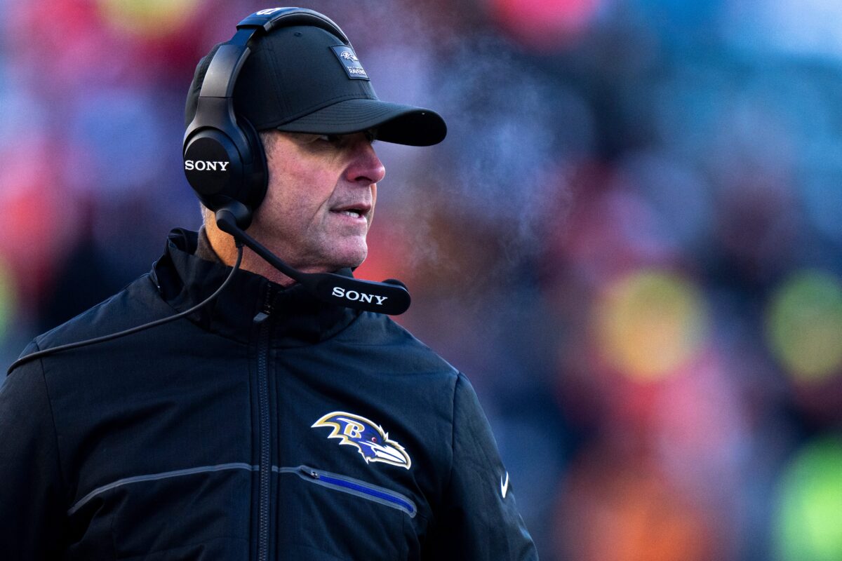 Baltimore Ravens head coach John Harbaugh walks the sideline in the fourth quarter of the NFL football game between Baltimore Ravens and Cincinnati Bengals at Paycor Stadium in Cincinnati on Dec. 14, 2025.