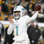 Dec 15, 2025; Pittsburgh, Pennsylvania, USA; Miami Dolphins quarterback Tua Tagovailoa (1) throws in the third quarter against the Pittsburgh Steelers at Acrisure Stadium. Mandatory Credit: Barry Reeger-Imagn Images