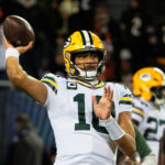 Dec 20, 2025; Chicago, Illinois, USA; Green Bay Packers quarterback Jordan Love (10) warms up before the game against the Chicago Bears at Soldier Field. Mandatory Credit: David Banks-Imagn Images