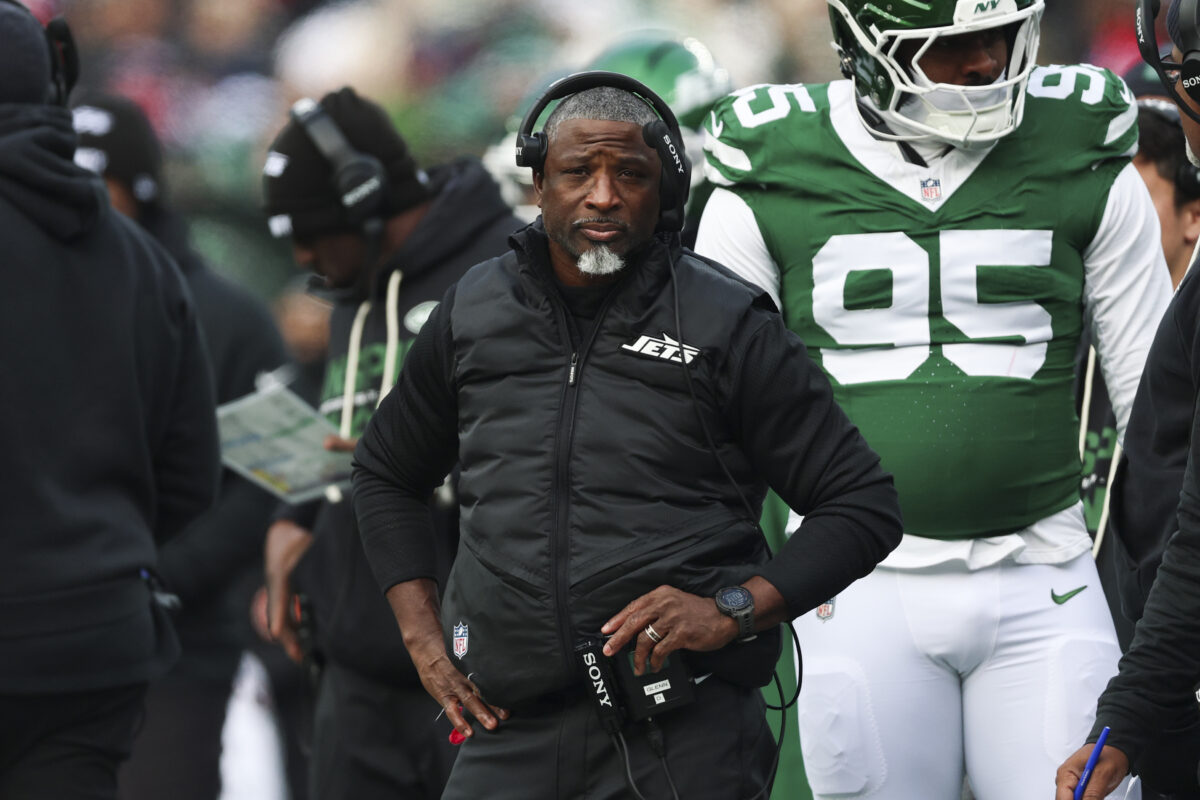 Dec 28, 2025; East Rutherford, New Jersey, USA; New York Jets head coach Aaron Glenn reacts during the first quarter of the game against the New England Patriots at MetLife Stadium. Mandatory Credit: Vincent Carchietta-Imagn Images