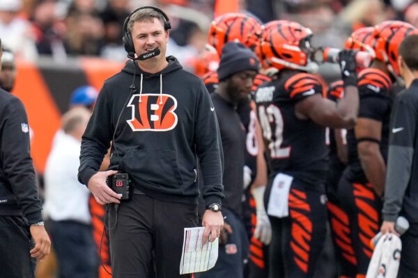 Cincinnati Bengals head coach Zac Taylor walks the sideline in the second quarter of the NFL Week 17 game between the Cincinnati Bengals and the Arizona Cardinals at Paycor Stadium in Downtown Cincinnati on Sunday, Dec. 28, 2025. The Bengals led 23-7 at halftime.