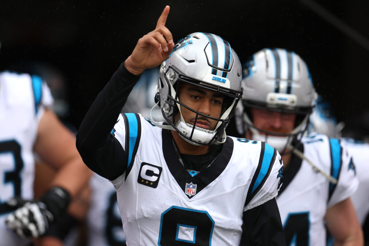 Jan 3, 2026; Tampa, Florida, USA; Carolina Panthers quarterback Bryce Young (9) runs on field before the game against the Tampa Bay Buccaneers at Raymond James Stadium. Mandatory Credit: Nathan Ray Seebeck-Imagn Images