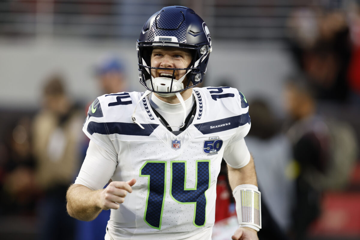 Jan 3, 2026; Santa Clara, California, USA; Seattle Seahawks quarterback Sam Darnold (14) reacts during the first half at Levi's Stadium. Mandatory Credit: Sergio Estrada-Imagn Images