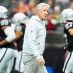 Jan 4, 2026; Paradise, Nevada, USA; Las Vegas Raiders head coach Pete Carroll observes warm ups before the start of a game against the Kansas City Chiefs at Allegiant Stadium. Mandatory Credit: Stephen R. Sylvanie-Imagn Images