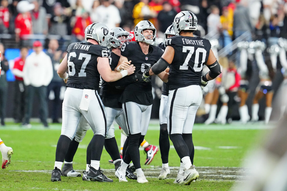 NFL Draft 2026 Jan 4, 2026; Paradise, Nevada, USA; Las Vegas Raiders place kicker Daniel Carlson (8) celebrates with team mates after making a 60-yard field goal against the Kansas City Chiefs late in the fourth quarter at Allegiant Stadium. Mandatory Credit: Stephen R. Sylvanie-Imagn Images