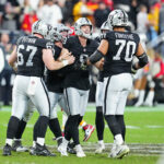 NFL Draft 2026 Jan 4, 2026; Paradise, Nevada, USA; Las Vegas Raiders place kicker Daniel Carlson (8) celebrates with team mates after making a 60-yard field goal against the Kansas City Chiefs late in the fourth quarter at Allegiant Stadium. Mandatory Credit: Stephen R. Sylvanie-Imagn Images