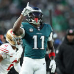 Jan 11, 2026; Philadelphia, PA, USA; Philadelphia Eagles wide receiver A.J. Brown (11) celebrates first down against the San Francisco 49ers during the first quarter in an NFC Wild Card Round game at Lincoln Financial Field. Mandatory Credit: Bill Streicher-Imagn Images