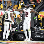 Jan 12, 2026; Pittsburgh, PA, USA; Houston Texans wide receiver Christian Kirk (13) celebrates after a touchdown with wide receiver Nico Collins (12) during the first half of an AFC Wild Card Round game against the Pittsburgh Steelers at Acrisure Stadium. Mandatory Credit: Barry Reeger-Imagn Images