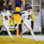 Houston Texans safety Calen Bullock (2) celebrates scoring a touchdown during the second half of the NFL Wild Card game against the Pittsburgh Steelers at Acrisure Stadium in Pittsburgh, PA on January 12, 2026.