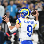 Jan 10, 2026; Charlotte, NC, USA; Los Angeles Rams quarterback Matthew Stafford (9) passes the ball in the fourth quarter in an NFC Wild Card Round game at Bank of America Stadium. Mandatory Credit: Bob Donnan-Imagn Images