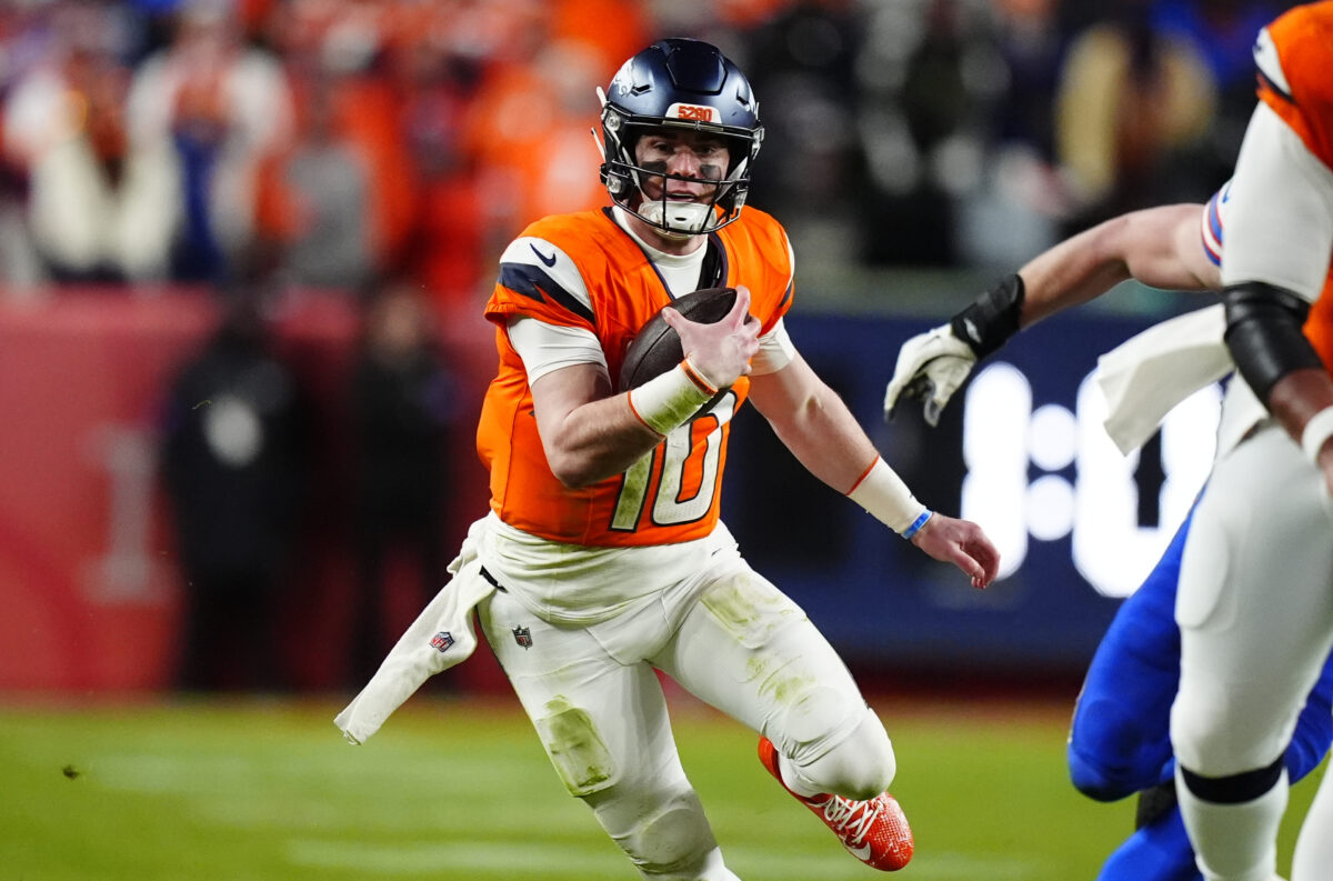 Jan 17, 2026; Denver, CO, USA; Denver Broncos quarterback Bo Nix (10) runs during the fourth quarter of an AFC Divisional Round playoff game against the Buffalo Bills at Empower Field at Mile High. Mandatory Credit: Ron Chenoy-Imagn Images