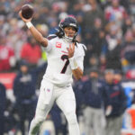 Jan 18, 2026; Foxborough, MA, USA; Houston Texans quarterback C.J. Stroud (7) throws in the first quarter against the New England Patriots in an AFC Divisional Round game at Gillette Stadium. Mandatory Credit: Brian Fluharty-Imagn Images