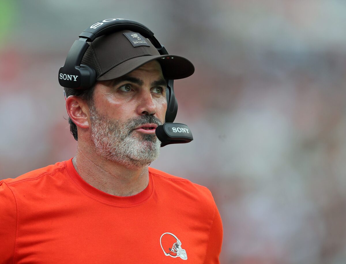 Cleveland Browns coach Kevin Stefanski walks the sideline during a game against the Green Bay Packers on Sept. 21, 2025, in Cleveland.