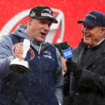 Jan 25, 2026; Denver, CO, USA; New England Patriots head coach Mike Vrabel speaks to the media after defeating the Denver Broncos in the 2026 AFC Championship Game at Empower Field at Mile High. Mandatory Credit: Ron Chenoy-Imagn Images