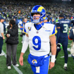 Jan 25, 2026; Seattle, WA, USA; Los Angeles Rams quarterback Matthew Stafford (9) leaves the field after the 2026 NFC Championship Game against the Seattle Seahawks at Lumen Field. Mandatory Credit: Steven Bisig-Imagn Images