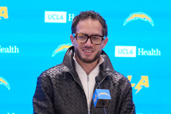 January 27, 2026; El Segundo, California, USA; Los Angeles Chargers offensive coordinator Mike McDaniel speaks at introductory press conference at The Bolt. Mandatory Credit: Kirby Lee-Imagn Images