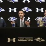 Jan 29, 2026; Owings Mills, MD, USA; Sashi Brown, Jesse Minter, and Eric DeCosta speak at an introductory press conference at Under Armour Performance Center. Mandatory Credit: Lexi Thompson-Imagn Images