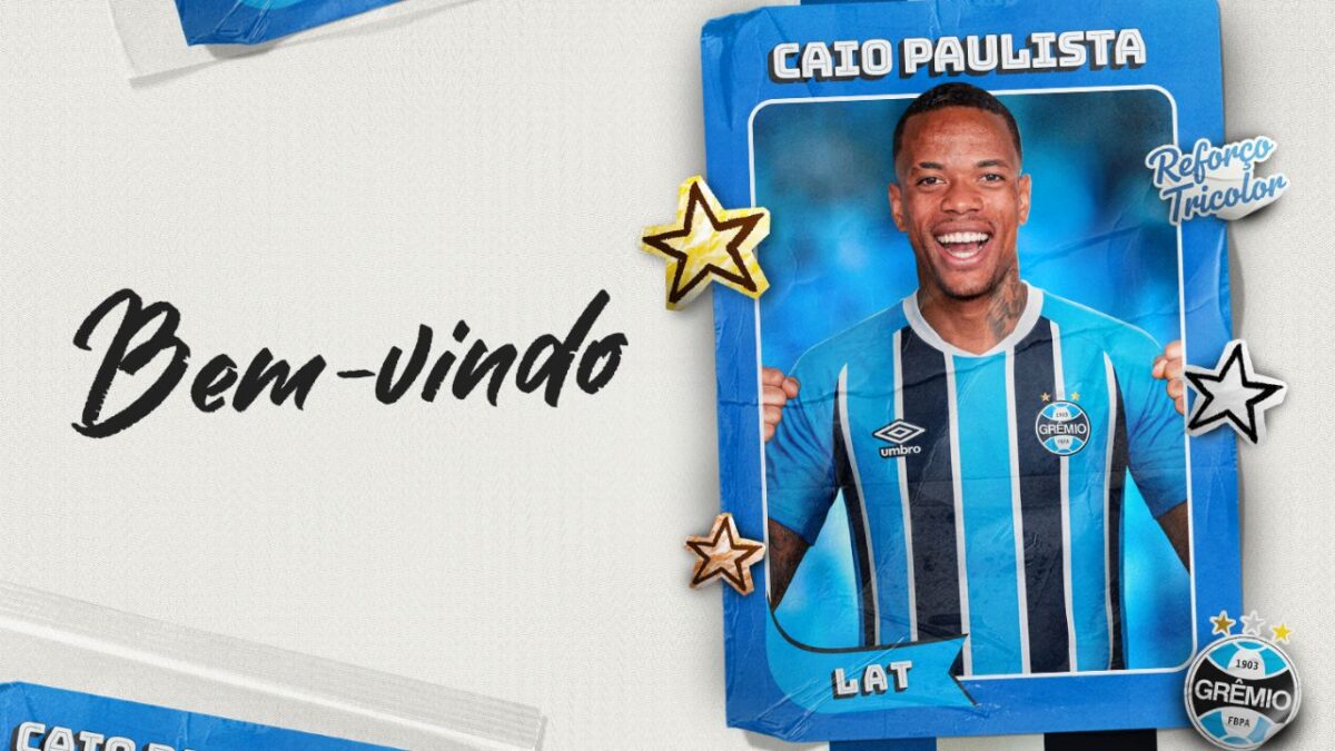 Pôster de divulgação do Grêmio para a contratação do lateral-esquerdo Caio Paulista