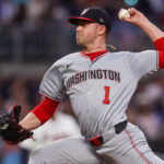 Sep 22, 2025; Atlanta, Georgia, USA; Washington Nationals starting pitcher MacKenzie Gore (1) throws against the Atlanta Braves in the second inning at Truist Park.