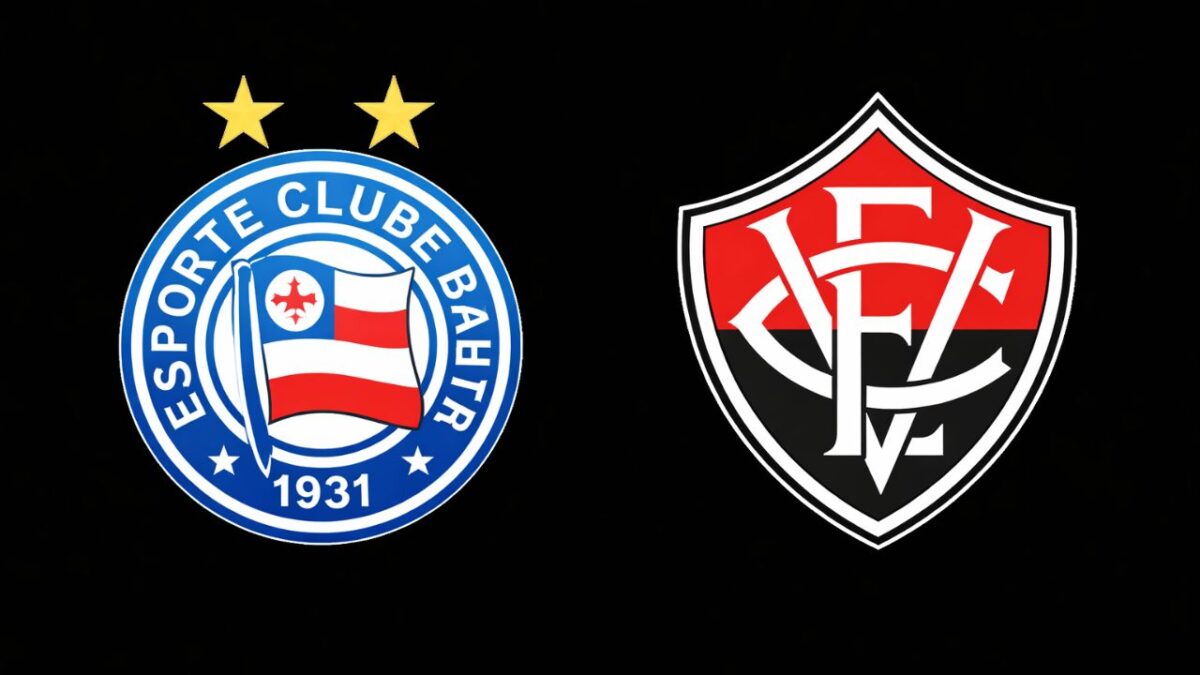 Escudos de Bahia (esquerda) e Vitória (direita) em um fundo preto