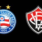 Escudos de Bahia (esquerda) e Vitória (direita) em um fundo preto