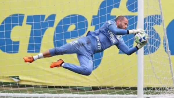 Goleiro Marcelo Lomba fazendo defesa com salto em treino do Palmeiras