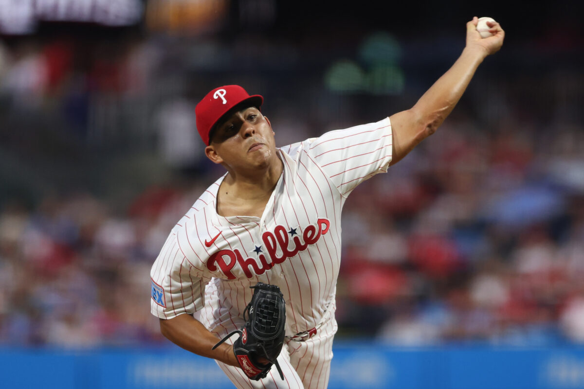 Sep 27, 2025; Philadelphia, Pennsylvania, USA; Philadelphia Phillies pitcher Ranger Suarez (55) throws a pitch against the Minnesota Twins during the second inning at Citizens Bank Park.