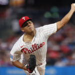 Sep 27, 2025; Philadelphia, Pennsylvania, USA; Philadelphia Phillies pitcher Ranger Suarez (55) throws a pitch against the Minnesota Twins during the second inning at Citizens Bank Park.