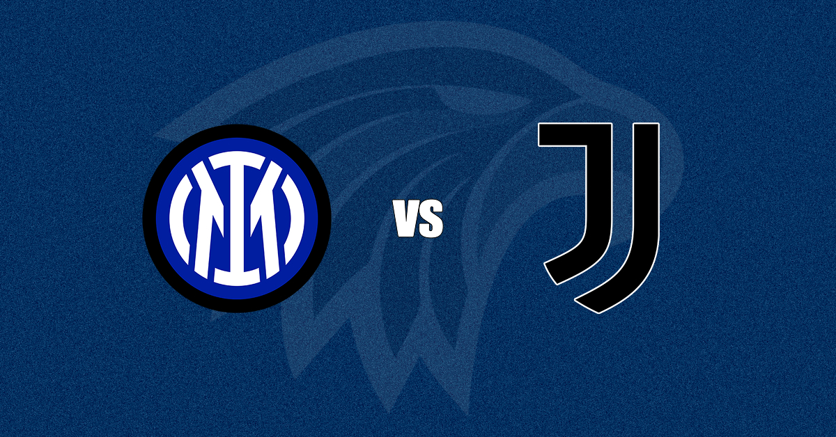 Escudos de Inter de Milão (esquerda) e Juventus (direita) com um "VS" ao centro - o emblema do The Playoffs está ao fundo - o fundo é na cor azul