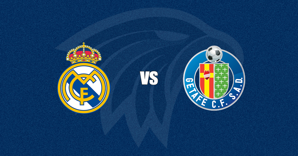 Escudos de Real Madrid (esquerda) e Getafe (direita) com um "VS" ao centro - o emblema do The Playoffs está ao fundo - o fundo é na cor azul
